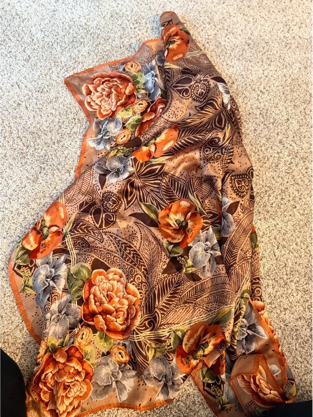 Oscar de la Renta Floral Silk Scarf with Orange and Gray Flowers